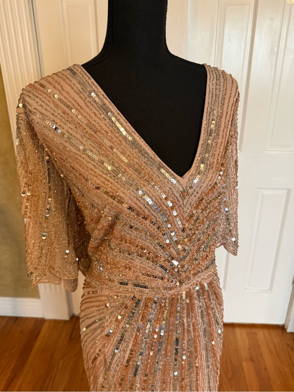 Mac Duggal Blush Sequin Maxi Dress with V-Neck and Cape Sleeves - Picture 4 of 7